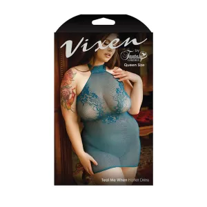 Fantasy Lingerie Vixen Teal Me When Halter Net Dress With Floral Lace Design Teal Queen Size