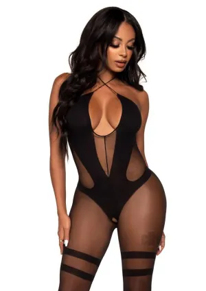 Opaque and Sheer Twist Halter Bodystocking  - One Size - Black