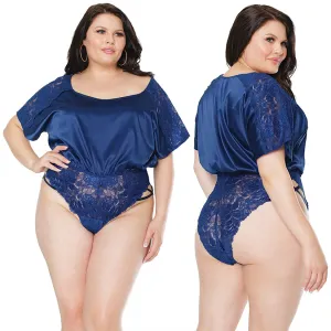 Stretch Satin & Scallop Stretch Lace Off the Shoulder Romper Navy OS/XL