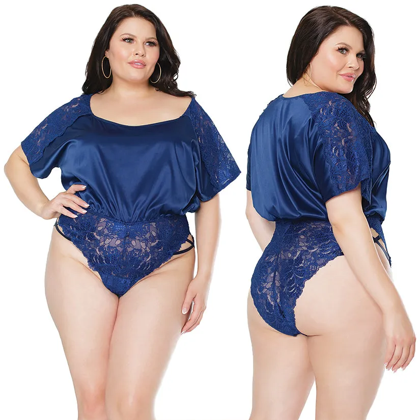 Stretch Satin & Scallop Stretch Lace Off the Shoulder Romper Navy OS/XL